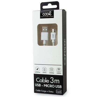 Cable USB Compatible COOL Universal (micro-usb) 3 metros Blanco 2.4 Amp