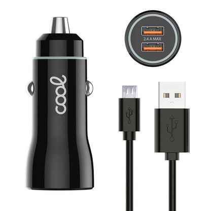 Cargador Coche Cable MicroUsb (2 x Usb) COOL 2.4A Kit 2 en 1 Negro