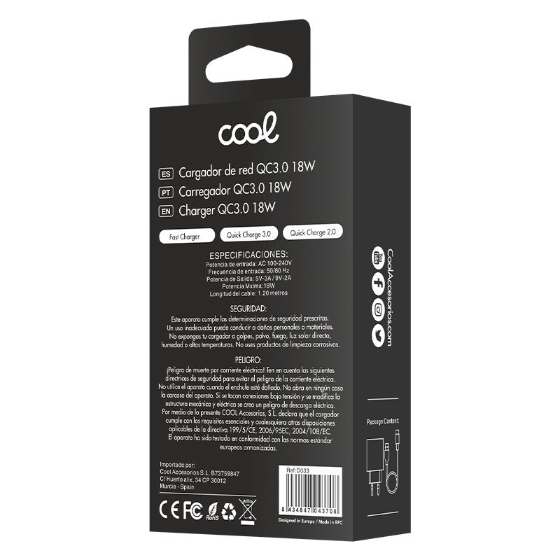 Cargador Red Conector Tipo-C Universal 3Amp (Carga Rápida) COOL Kit 2 en 1 Blanco