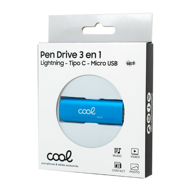 Pen Drive USB x64 GB COOL (3 en 1) Lightning / Tipo-C / USB Azul