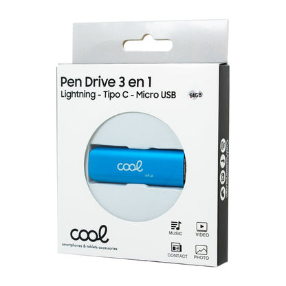 Pen Drive USB x64 GB COOL (3 en 1) Lightning / Tipo-C / USB Azul