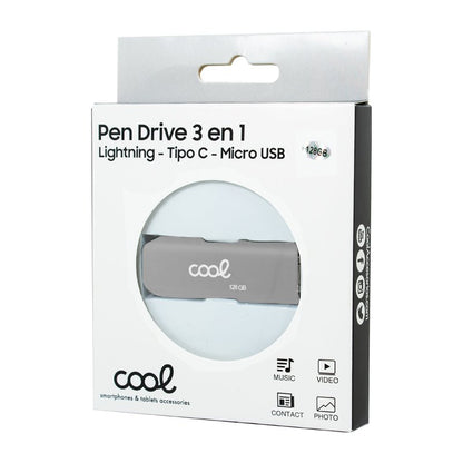 Pen Drive x USB 128 GB COOL (3 en 1) Lightning / Tipo-C / USB Gris